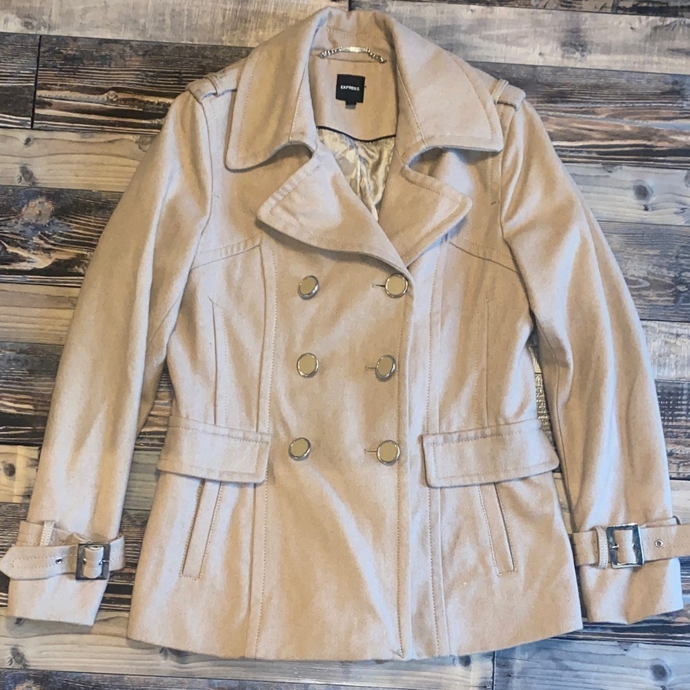 Express Beige Double-Breasted Wool Blend Pea Coat with Buckle Cuffs